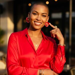 9AJ: TORY BURCH Red Flower w/Gold Trimming Earrings, NWOT